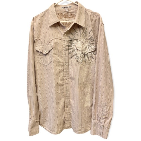 Manchester Ltd. Pearl Snap Buttons Long Sleeve Stripe Tan Shirt Western Sz XXL - Picture 1 of 8
